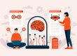 Ilustração de seres humanos interagindo com inteligências artificiais - Chat GPT no Marketing