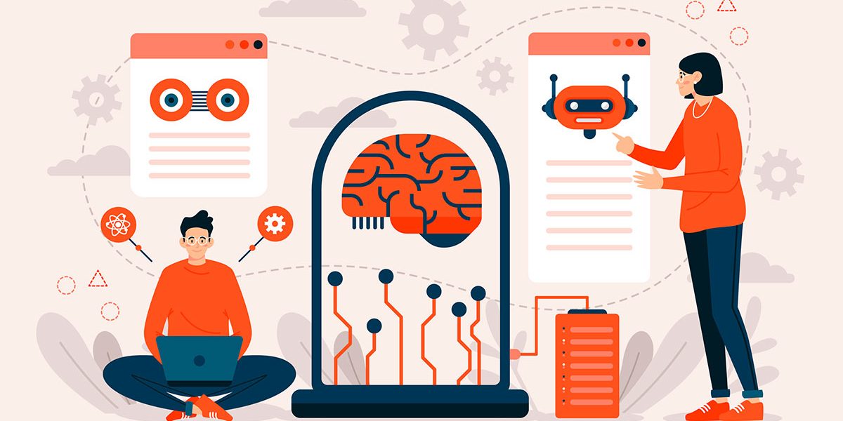 Chat-GPT-no-marketing-destaque Ilustração de seres humanos interagindo com inteligências artificiais - Chat GPT no Marketing