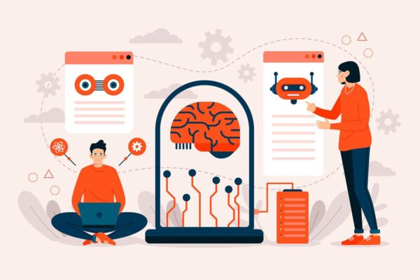 Chat-GPT-no-marketing-destaque Ilustração de seres humanos interagindo com inteligências artificiais - Chat GPT no Marketing