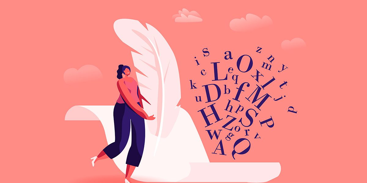 Copy-de-E-mail ilustração de uma mulher escrevendo com uma pena em uma carta ao estilo antigo - Copy de e-mail