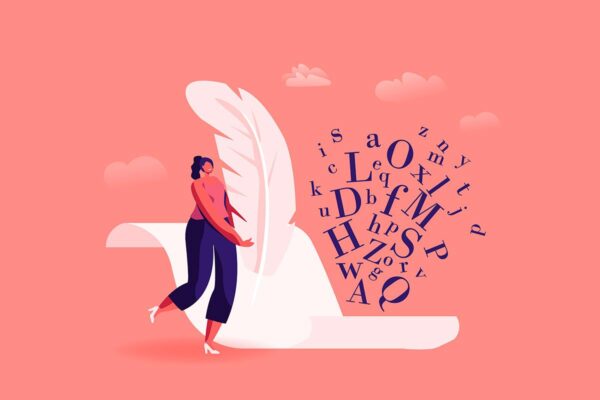 ilustração de uma mulher escrevendo com uma pena em uma carta ao estilo antigo - Copy de e-mail